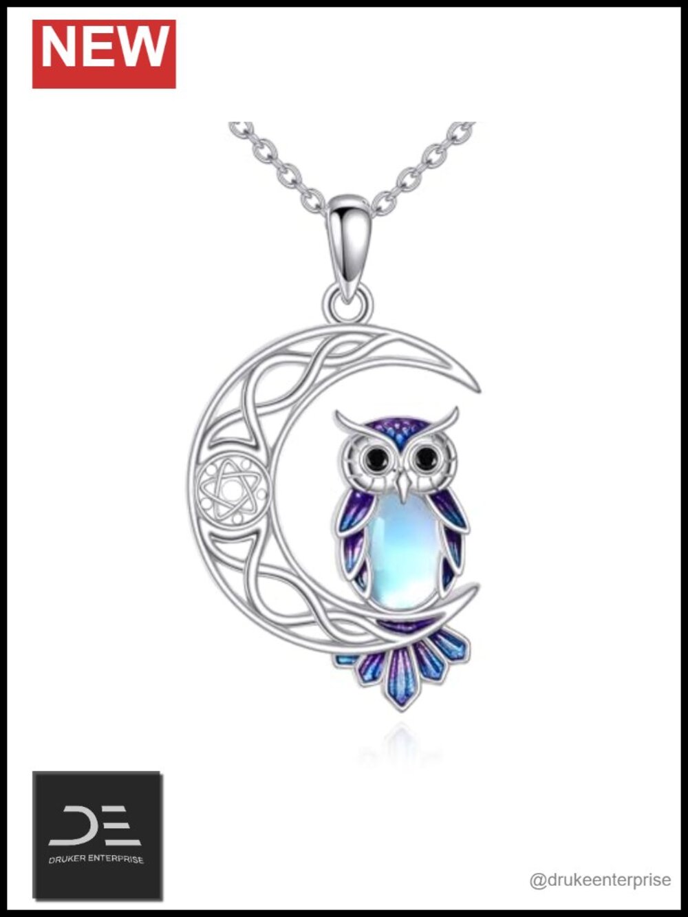 Celtic Moon Owl Pendant Necklace 925 Sterling Silver Cubic Zirconia Birthstone